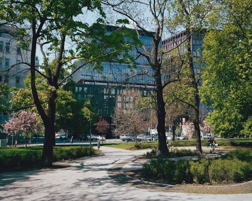 A green urban park environment used as a visual destination for short outdoor recovery walks during workspace breaks